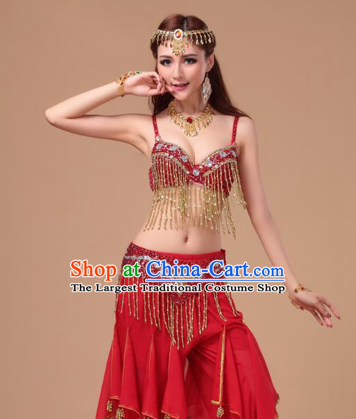 Top Asian Oriental Dance Bra and Pants Clothing Indian Belly Dance Training Red Uniforms