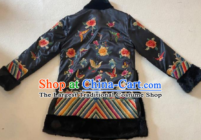Chinese Embroidered Butterfly Peony Black Silk Jacket Winter Female Costume National Cotton Wadded Coat