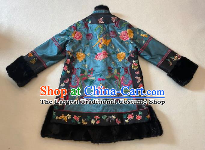 Chinese Embroidered Phoenix Peony Blue Silk Jacket National Cotton Wadded Coat Female New Year Costume