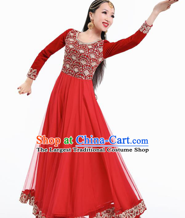 Indian Anarkali Stage Performance Red Dress Asian Traditional Court Dance Costumes