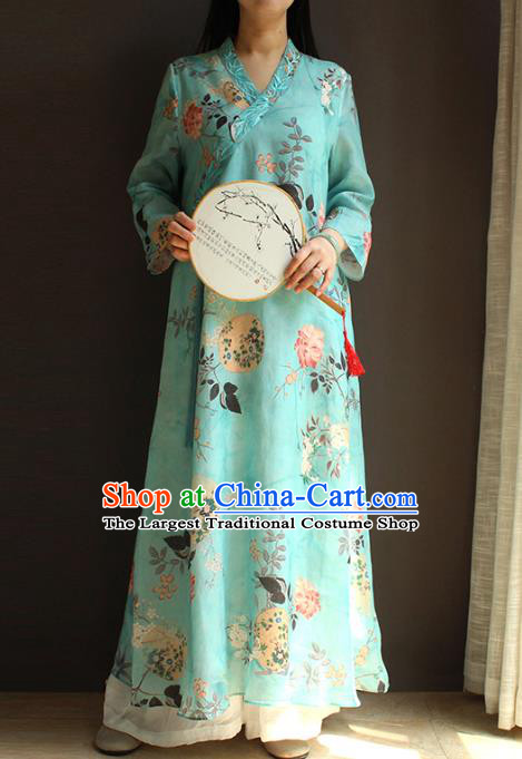 China Traditional Slant Opening Qipao Dress Classical Printing Blue Flax Cheongsam National Women Clothing