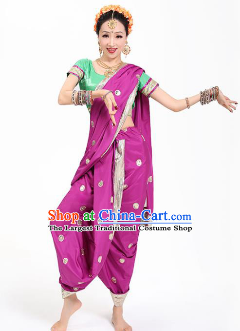 Top Indian Folk Dance Stage Performance Costume Oriental Dance Green Blouse and Purple Pants