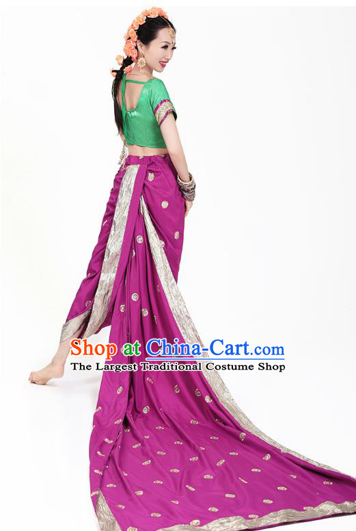 Top Indian Folk Dance Stage Performance Costume Oriental Dance Green Blouse and Purple Pants
