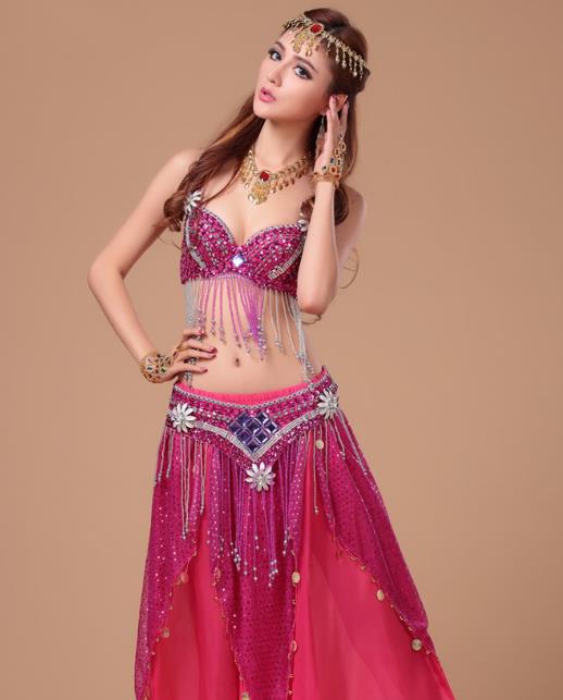 Top Asian Folk Dance Clothing Indian Belly Dance Sexy Bra and Rosy Skirt Uniforms