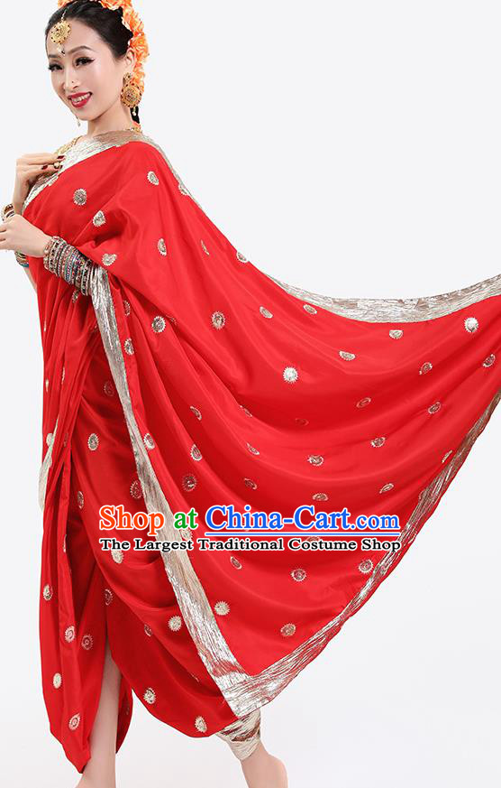 Top Indian Oriental Dance Golden Blouse and Red Pants Folk Dance Stage Performance Costume