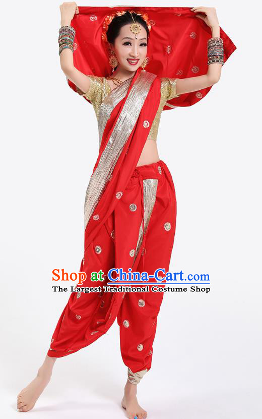 Top Indian Oriental Dance Golden Blouse and Red Pants Folk Dance Stage Performance Costume