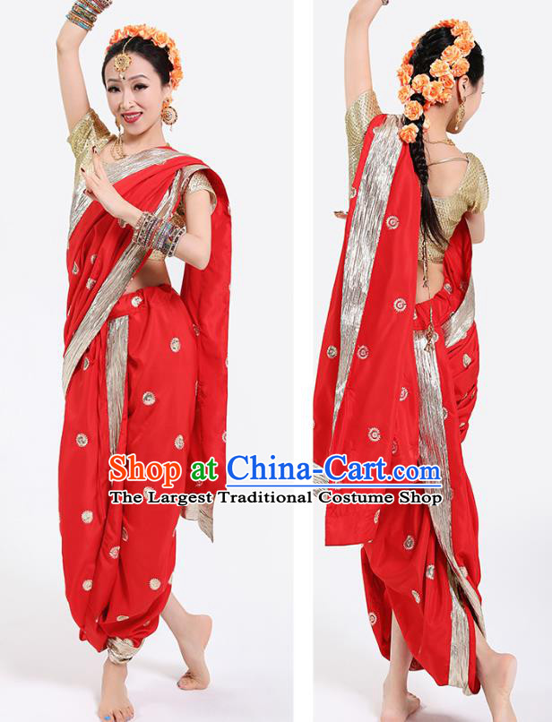 Top Indian Oriental Dance Golden Blouse and Red Pants Folk Dance Stage Performance Costume