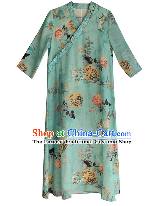 China Traditional Slant Opening Qipao Dress Classical Printing Blue Flax Cheongsam National Women Clothing