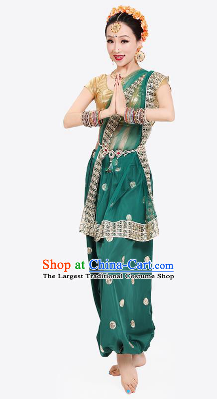 Top Indian Young Lady Blouse and Green Veil Pants India Folk Dance Stage Performance Costumes