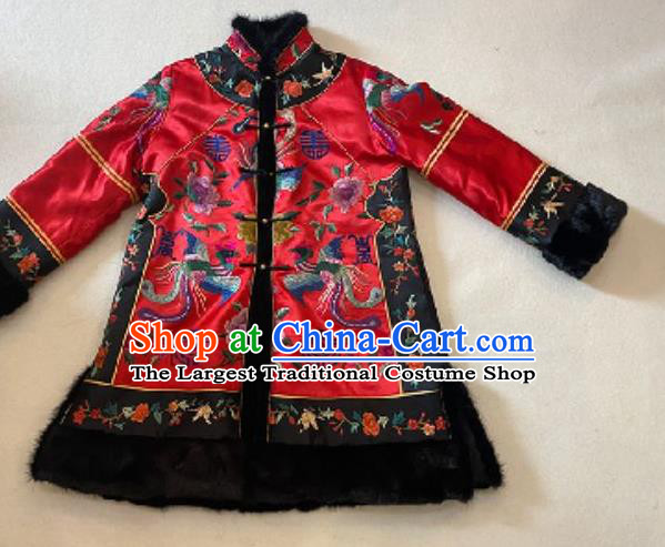 Chinese Red Silk Cotton Wadded Coat Costume National Embroidered Phoenix Peony Jacket