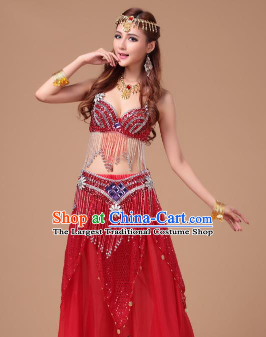 Top Indian Belly Dance Stage Performance Sexy Bra and Red Skirt Uniforms Asian Oriental Dance Clothing