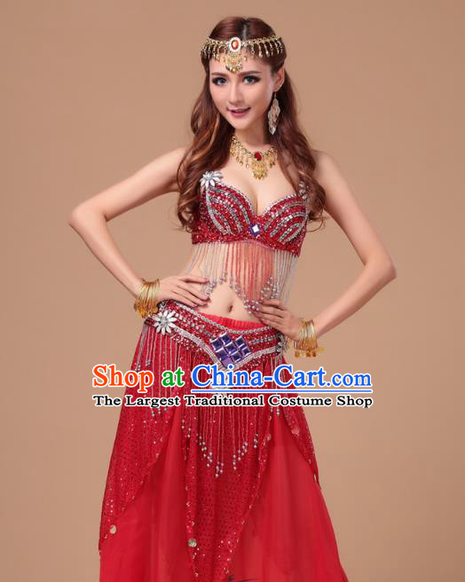 Top Indian Belly Dance Stage Performance Sexy Bra and Red Skirt Uniforms Asian Oriental Dance Clothing