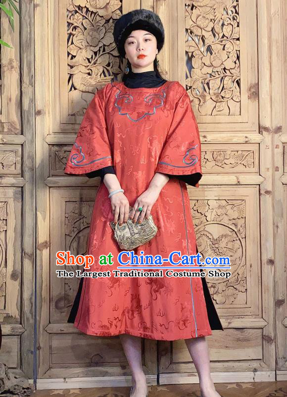 China Traditional Embroidered Red Silk Qipao Dress National Women Clothing Classical Wide Sleeve Cheongsam