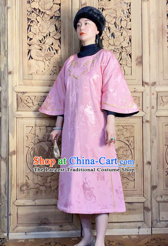 China Classical Wide Sleeve Cheongsam Traditional Embroidered Pink Silk Qipao Dress National Women Clothing