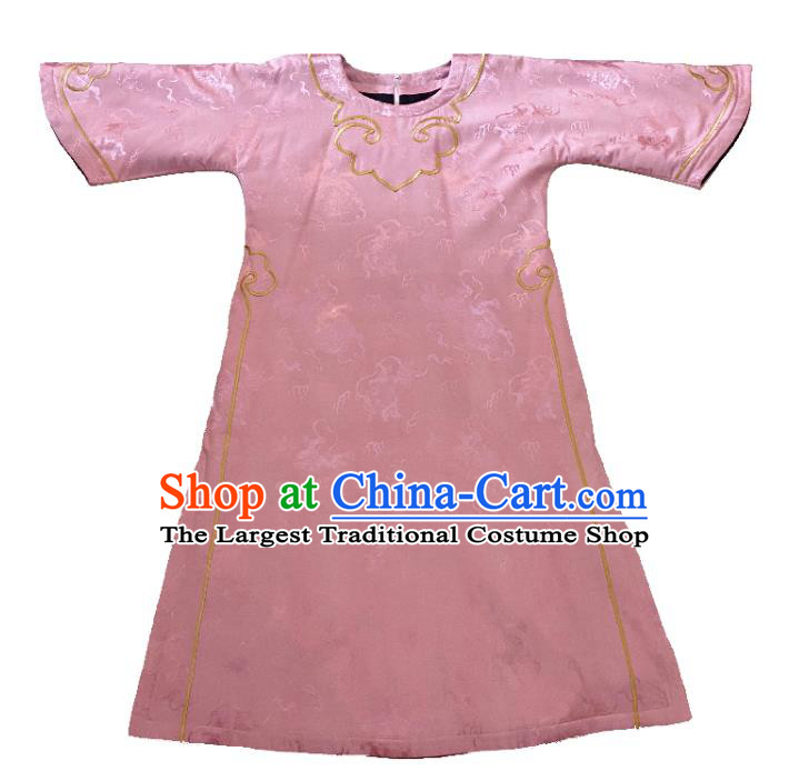 China Classical Wide Sleeve Cheongsam Traditional Embroidered Pink Silk Qipao Dress National Women Clothing