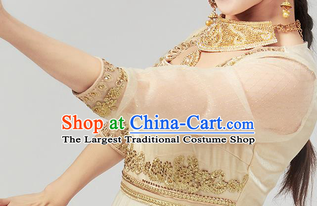Asian India Traditional Embroidered Champagne Anarkali Dress Clothing Indian Court Beauty Costumes
