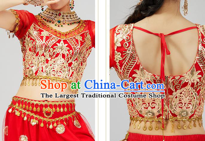Top Indian Young Lady Red Uniforms Blouse and Pants India Folk Dance Costumes