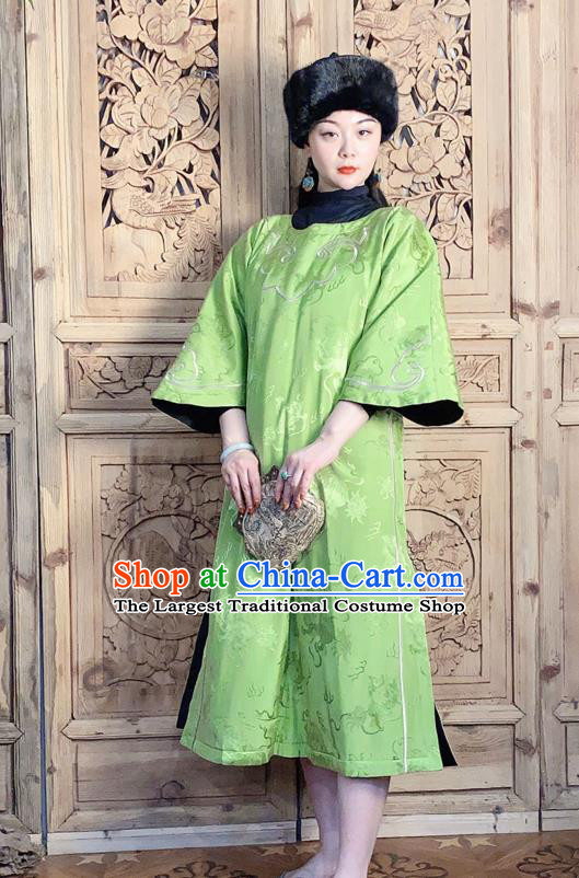China National Women Clothing Classical Wide Sleeve Cheongsam Traditional Embroidered Green Silk Qipao Dress