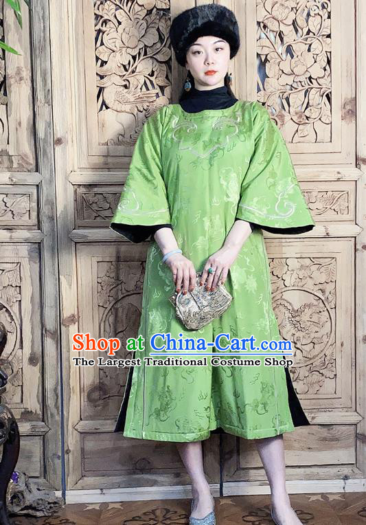 China National Women Clothing Classical Wide Sleeve Cheongsam Traditional Embroidered Green Silk Qipao Dress