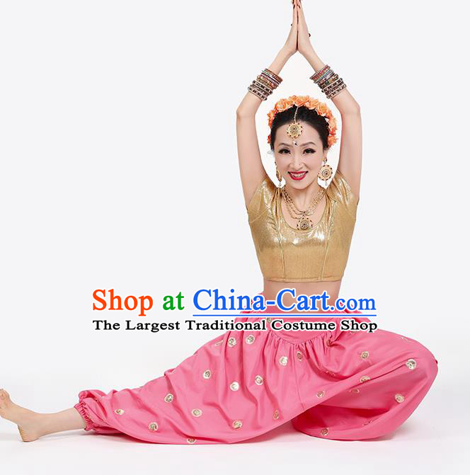 Top India Folk Dance Stage Performance Costumes Indian Young Lady Golden Blouse and Pink Pants