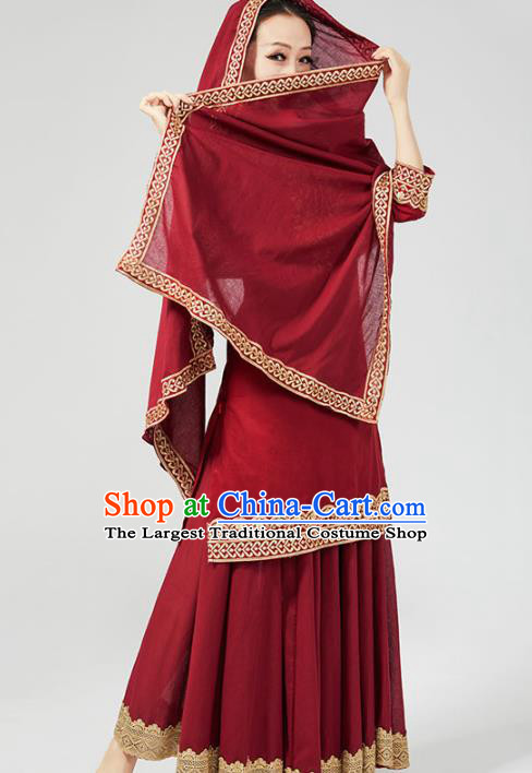 India Traditional Wine Red Punjab Clothing Asian Indian Female Dance Costumes