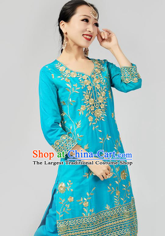 Asian Indian Female Dance Costumes Blue Blouse and Loose Pants India Traditional Embroidered Punjab Clothing