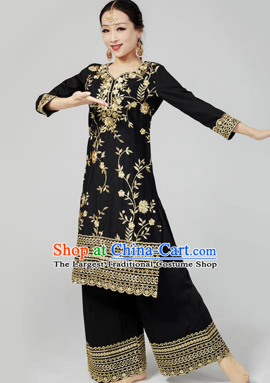 Asian Indian Black Blouse and Loose Pants India Traditional Embroidered Punjab Clothing Female Dance Costumes