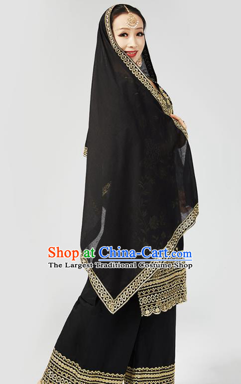 Asian Indian Black Blouse and Loose Pants India Traditional Embroidered Punjab Clothing Female Dance Costumes