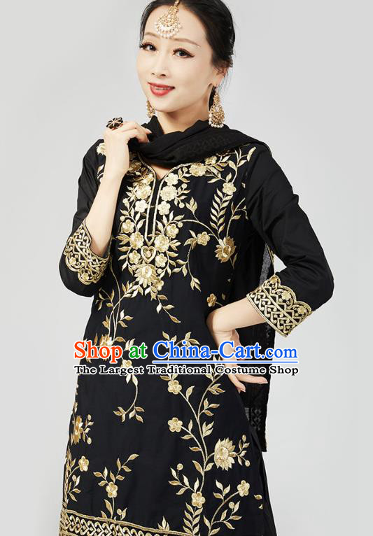 Asian Indian Black Blouse and Loose Pants India Traditional Embroidered Punjab Clothing Female Dance Costumes