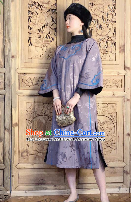 China Traditional Wide Sleeve Violet Silk Qipao Dress National Women Embroidered Clothing Classical Cheongsam