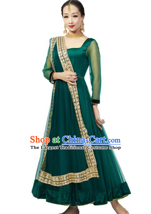 Asian Indian Deep Green Satin Anarkali Dress India Traditional Stage Performance Clothing