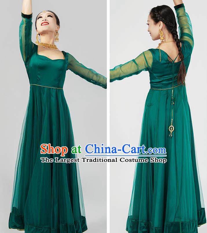 Asian Indian Deep Green Satin Anarkali Dress India Traditional Stage Performance Clothing