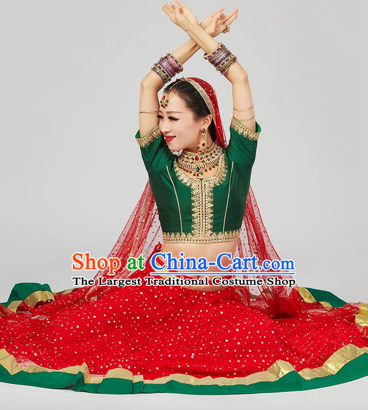 Asian Indian Traditional Court Princess Dress India Bollywood Dance Performance Clothing Green Top and Red Skirt