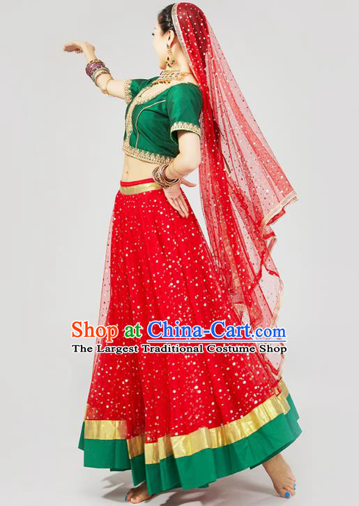 Asian Indian Traditional Court Princess Dress India Bollywood Dance Performance Clothing Green Top and Red Skirt