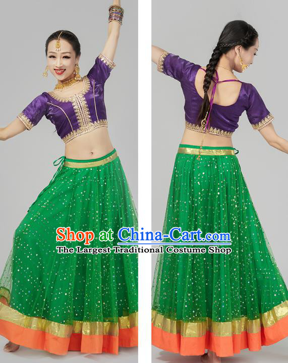 Asian Indian Purple Top and Green Skirt Traditional Court Princess Dress India Bollywood Dance Performance Clothing