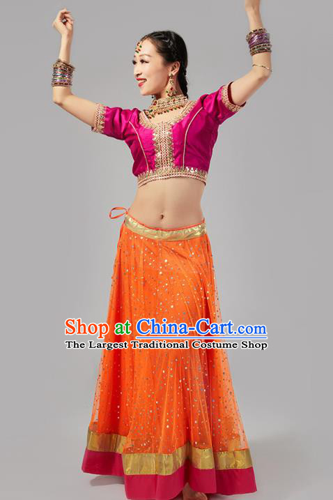 India Bollywood Dance Performance Clothing Asian Indian Rosy Top and Orange Skirt Traditional Court Princess Dress