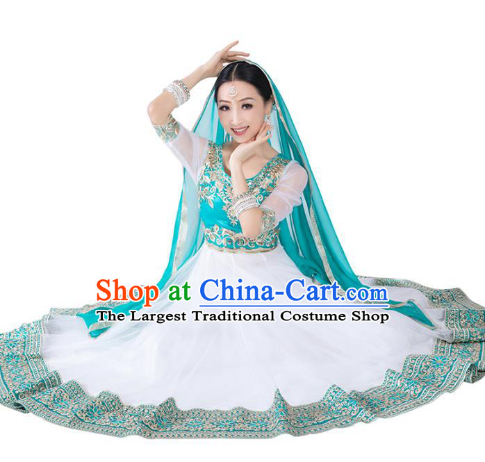 India Anarkali Dance Performance Clothing Asian Indian Traditional Court Princess White Dress and Pants