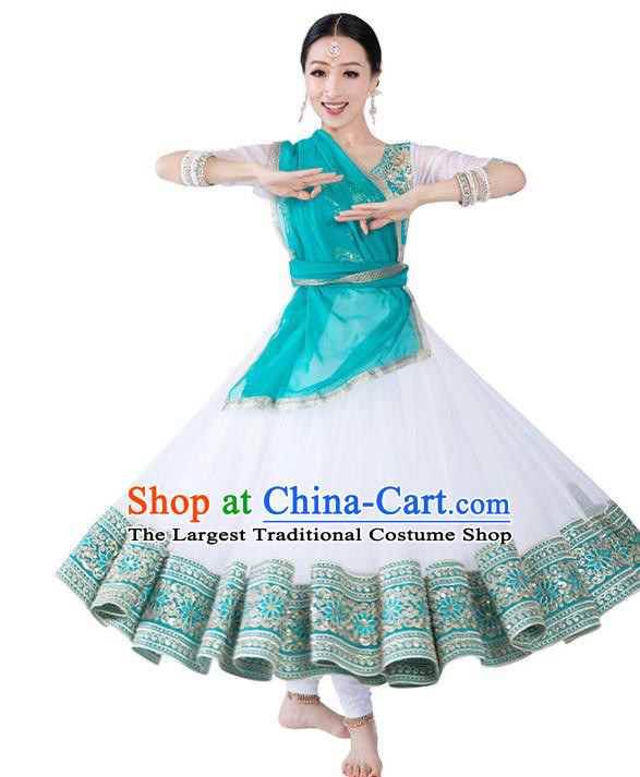 India Anarkali Dance Performance Clothing Asian Indian Traditional Court Princess White Dress and Pants
