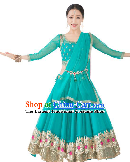 Asian India Bollywood Dance Clothing Indian Traditional Folk Dance Lehenga Blue Blouse and Dress