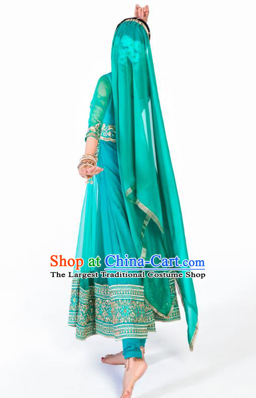 Indian Traditional Dance Embroidered Green Anarkali Dress Asian India Bollywood Stage Performance Clothing