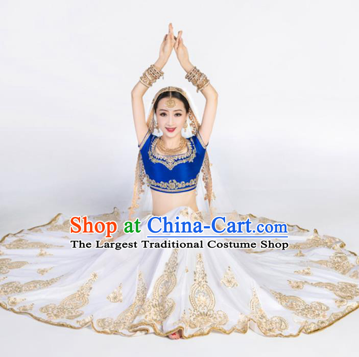 Asian India Bollywood Dance Clothing Indian Traditional Lehenga Clothing Embroidered Blue Top and White Skirt
