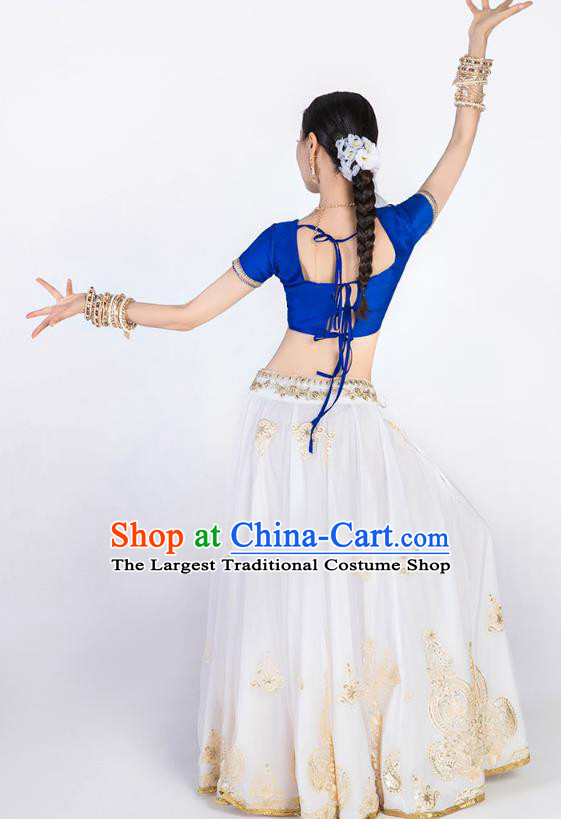 Asian India Bollywood Dance Clothing Indian Traditional Lehenga Clothing Embroidered Blue Top and White Skirt