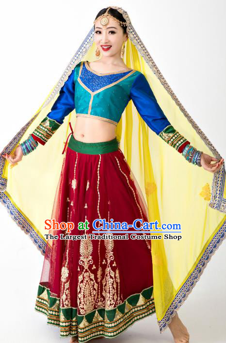 Indian Blue Top and Red Skirt Asian India Bollywood Dance Clothing Traditional Lehenga Clothing