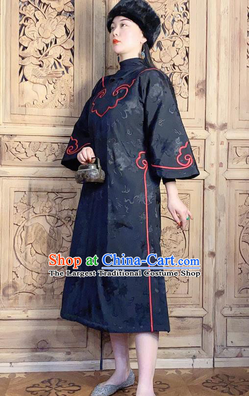 China Black Silk Qipao Dress Traditional Women Embroidered Clothing Classical Wide Sleeve Cheongsam