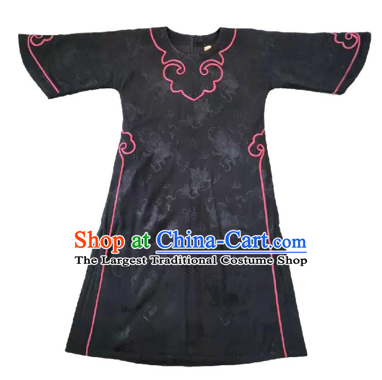 China Black Silk Qipao Dress Traditional Women Embroidered Clothing Classical Wide Sleeve Cheongsam