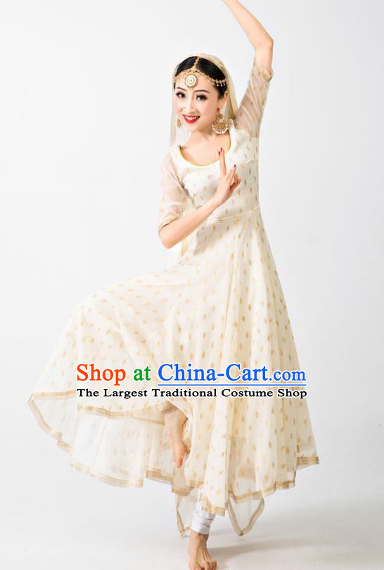 Asian India Anarkali Uniforms Traditional Folk Dance Clothing Indian Stage Performance Beige Dress