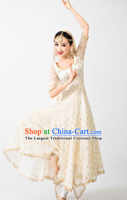 Asian India Anarkali Uniforms Traditional Folk Dance Clothing Indian Stage Performance Beige Dress