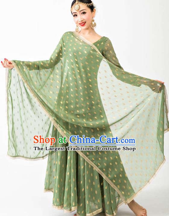 Asian Traditional Folk Dance Clothing Indian Stage Performance Green Dress India Anarkali Uniforms