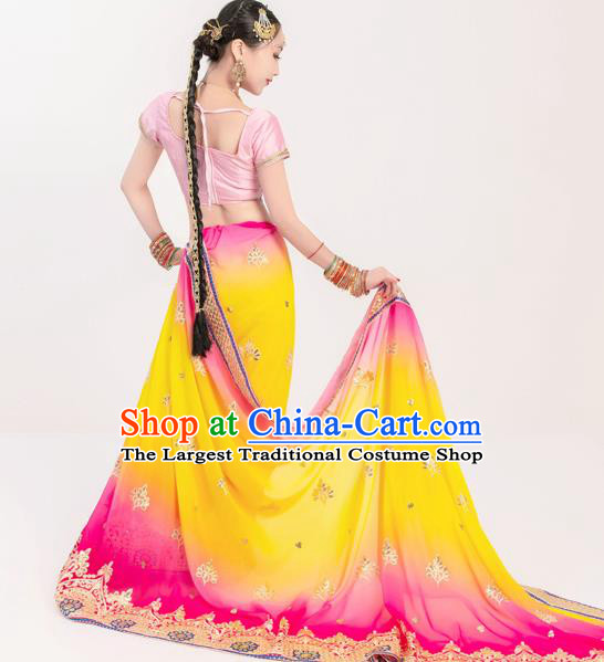 Asian India Traditional Folk Dance Clothing Indian Stage Performance Pink Blouse and Sari Dress