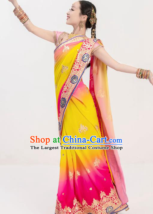 Asian India Traditional Folk Dance Clothing Indian Stage Performance Pink Blouse and Sari Dress